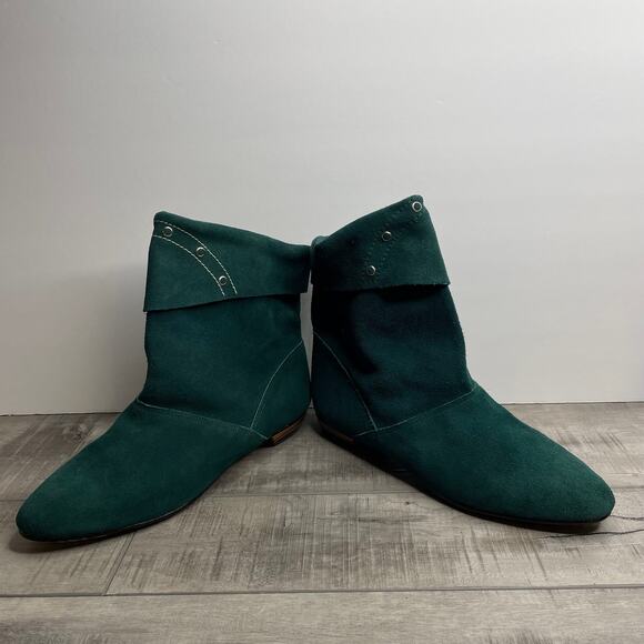 Vintage Hunter Green Suede Leather Point Toe Stud Peter Pan Ankle Boots sz 6 7 - Picture 4 of 10